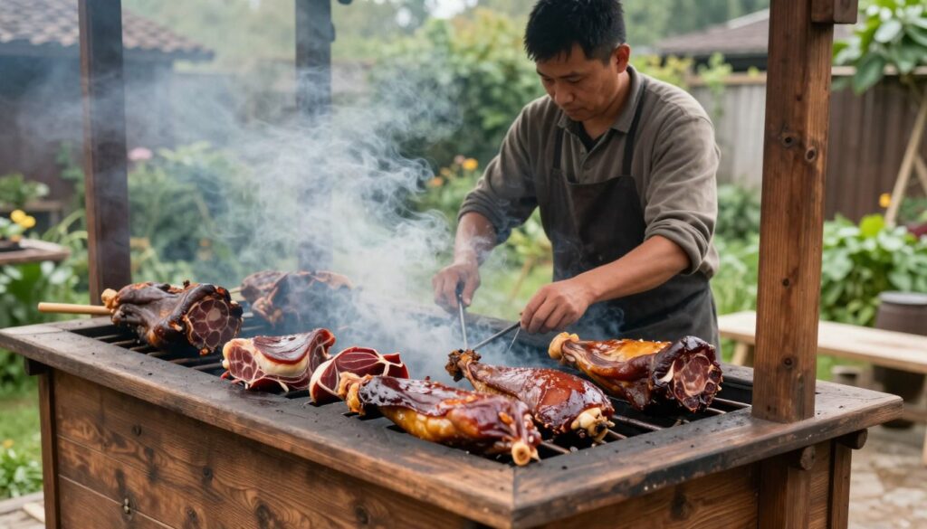 A serene outdoor scene depicting a traditional cold smoking setup. In the foreground, a rustic wooden smoking chamber filled with various types of cured meats, showcasing their glistening textures and rich colors. Smoke gently wafts from the chamber, swirling in the crisp air. In the middle, a skilled artisan in modest casual clothing is attentively monitoring the smoking process, ensuring precision. The background features a lush green garden, complementing the earthy tones of the setup. Soft, natural lighting filters through, creating a warm and inviting atmosphere, while the focus is sharp on the artisan and the smoking chamber. The entire composition conveys a sense of craftsmanship, tradition, and the art of cold smoking meat. A serene outdoor scene depicting a traditional cold smoking setup. In the foreground, a rustic wooden smoking chamber filled with various types of cured meats, showcasing their glistening textures and rich colors. Smoke gently wafts from the chamber, swirling in the crisp air. In the middle, a skilled artisan in modest casual clothing is attentively monitoring the smoking process, ensuring precision. The background features a lush green garden, complementing the earthy tones of the setup. Soft, natural lighting filters through, creating a warm and inviting atmosphere, while the focus is sharp on the artisan and the smoking chamber. The entire composition conveys a sense of craftsmanship, tradition, and the art of cold smoking meat.