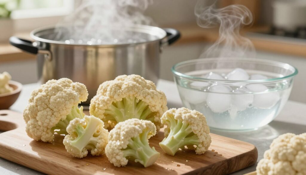 A step-by-step guide to freezing cauliflower. In the foreground, showcase fresh, vibrant cauliflower florets, glistening with dew, arranged neatly on a wooden cutting board. In the middle ground, display a pot of boiling water, steam rising and shimmering in the light, alongside a bowl filled with ice water. The background should depict a cozy kitchen setting with soft, warm lighting illuminating the scene, enhancing the homey atmosphere. Natural light filters in through a nearby window, creating a gentle highlight on the vegetables and utensils. Aim for an inviting, informative mood that encourages readers to follow along in the freezing process. The image should be vibrant and clear, with no text, aiming for a professional and engaging presentation. A step-by-step guide to freezing cauliflower. In the foreground, showcase fresh, vibrant cauliflower florets, glistening with dew, arranged neatly on a wooden cutting board. In the middle ground, display a pot of boiling water, steam rising and shimmering in the light, alongside a bowl filled with ice water. The background should depict a cozy kitchen setting with soft, warm lighting illuminating the scene, enhancing the homey atmosphere. Natural light filters in through a nearby window, creating a gentle highlight on the vegetables and utensils. Aim for an inviting, informative mood that encourages readers to follow along in the freezing process. The image should be vibrant and clear, with no text, aiming for a professional and engaging presentation.