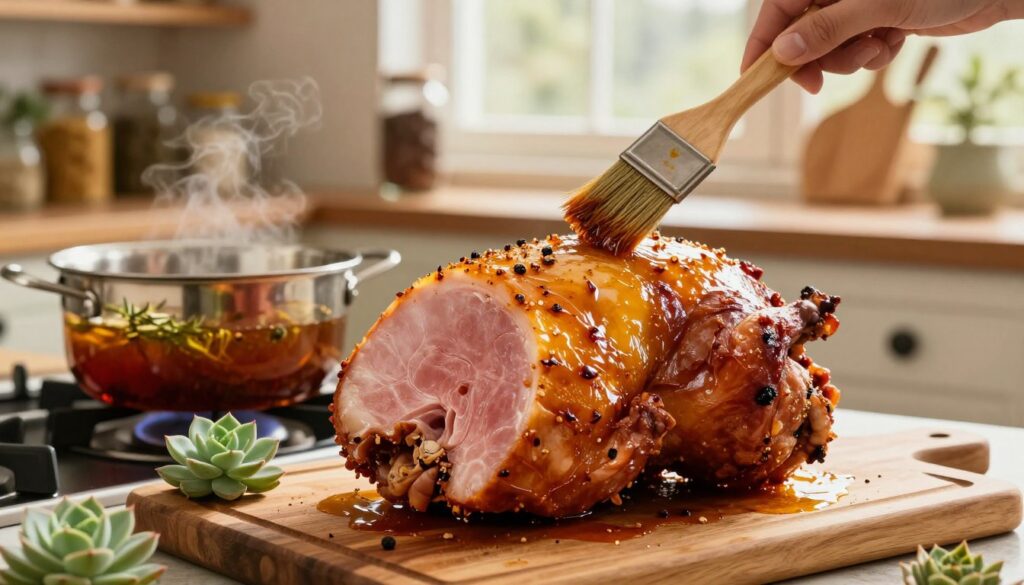 A succulent ham being basted in a rustic kitchen setting. In the foreground, a juicy, well-seasoned ham resting on a wooden cutting board, glistening with a rich, golden glaze from the basting process. A basting brush, stained with marinade, is poised above the ham, adding to the action. In the middle ground, a pot of aromatic herbs and spices simmers on the stove, casting a warm, inviting light. In the background, shelves lined with spices and cooking utensils create a cozy atmosphere, bathed in soft, natural light filtering through a window. The overall mood is warm and homey, evoking the joy of cooking. Emphasize textures and colors to showcase the deliciousness of the ham and the care put into its preparation. A succulent ham being basted in a rustic kitchen setting. In the foreground, a juicy, well-seasoned ham resting on a wooden cutting board, glistening with a rich, golden glaze from the basting process. A basting brush, stained with marinade, is poised above the ham, adding to the action. In the middle ground, a pot of aromatic herbs and spices simmers on the stove, casting a warm, inviting light. In the background, shelves lined with spices and cooking utensils create a cozy atmosphere, bathed in soft, natural light filtering through a window. The overall mood is warm and homey, evoking the joy of cooking. Emphasize textures and colors to showcase the deliciousness of the ham and the care put into its preparation.