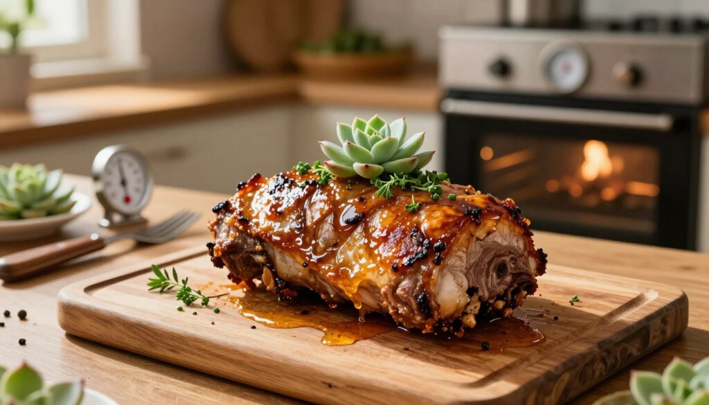 A succulent piece of karkáwka, perfectly marinated and roasted, is the focal point of the image. Capture it on a rustic wooden cutting board, with honey-glazed edges and a sprinkle of fresh herbs on top, glistening under warm, inviting natural light. In the background, a cozy kitchen setting is visible, featuring a softly glowing oven showing a temperature gauge set for perfect roasting. Include a few kitchen utensils like a meat thermometer and spices to add context. The atmosphere should be inviting and homely, evoking a sense of comfort and anticipation for a delightful meal. The angle should be slightly overhead, drawing attention to the delicious details of the pork while keeping the background subtly blurred but recognizable. A succulent piece of karkáwka, perfectly marinated and roasted, is the focal point of the image. Capture it on a rustic wooden cutting board, with honey-glazed edges and a sprinkle of fresh herbs on top, glistening under warm, inviting natural light. In the background, a cozy kitchen setting is visible, featuring a softly glowing oven showing a temperature gauge set for perfect roasting. Include a few kitchen utensils like a meat thermometer and spices to add context. The atmosphere should be inviting and homely, evoking a sense of comfort and anticipation for a delightful meal. The angle should be slightly overhead, drawing attention to the delicious details of the pork while keeping the background subtly blurred but recognizable.