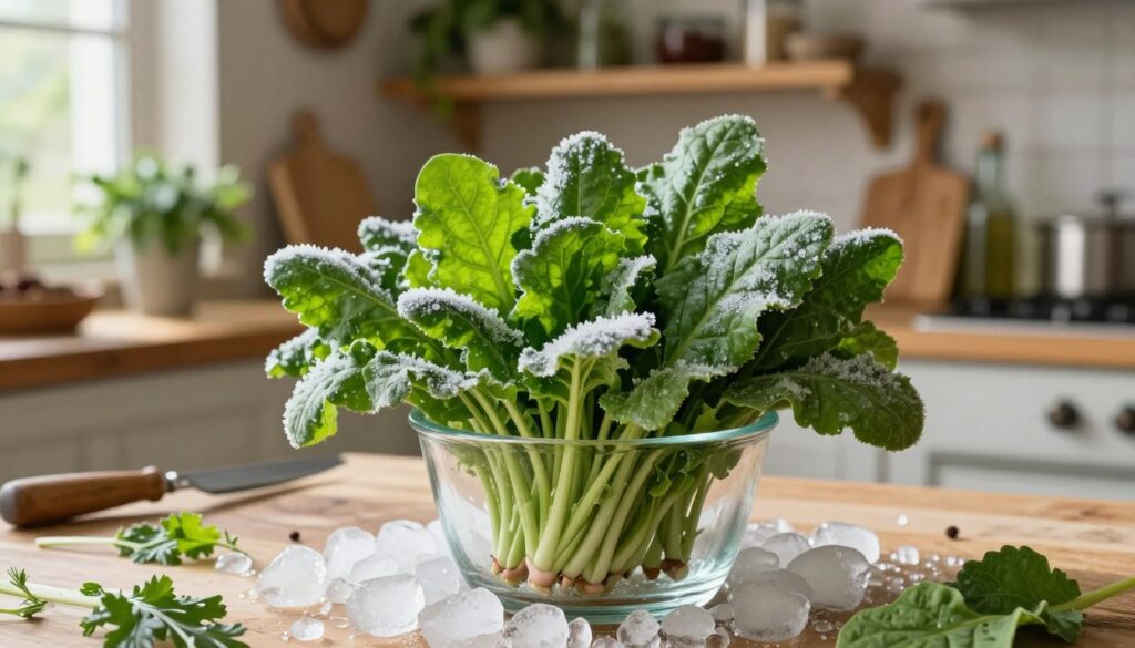 A vibrant and fresh bundle of frozen sorrel (mrożony szczaw) displayed in a glass container, nestled in a bed of ice within a rustic kitchen setting. The background features warm wooden shelves filled with various kitchen herbs and spices, adding a homey ambiance. Soft, natural light filters in from a nearby window, casting gentle shadows and illuminating the frost on the sorrel leaves, enhancing their vivid green color. The focus is sharp on the sorrel, with a slight blur on the rustic kitchen tools in the background, creating a cozy, inviting atmosphere. The composition evokes freshness and the idea of preserving the tangy flavor of sorrel for future culinary use. A vibrant and fresh bundle of frozen sorrel (mrożony szczaw) displayed in a glass container, nestled in a bed of ice within a rustic kitchen setting. The background features warm wooden shelves filled with various kitchen herbs and spices, adding a homey ambiance. Soft, natural light filters in from a nearby window, casting gentle shadows and illuminating the frost on the sorrel leaves, enhancing their vivid green color. The focus is sharp on the sorrel, with a slight blur on the rustic kitchen tools in the background, creating a cozy, inviting atmosphere. The composition evokes freshness and the idea of preserving the tangy flavor of sorrel for future culinary use.