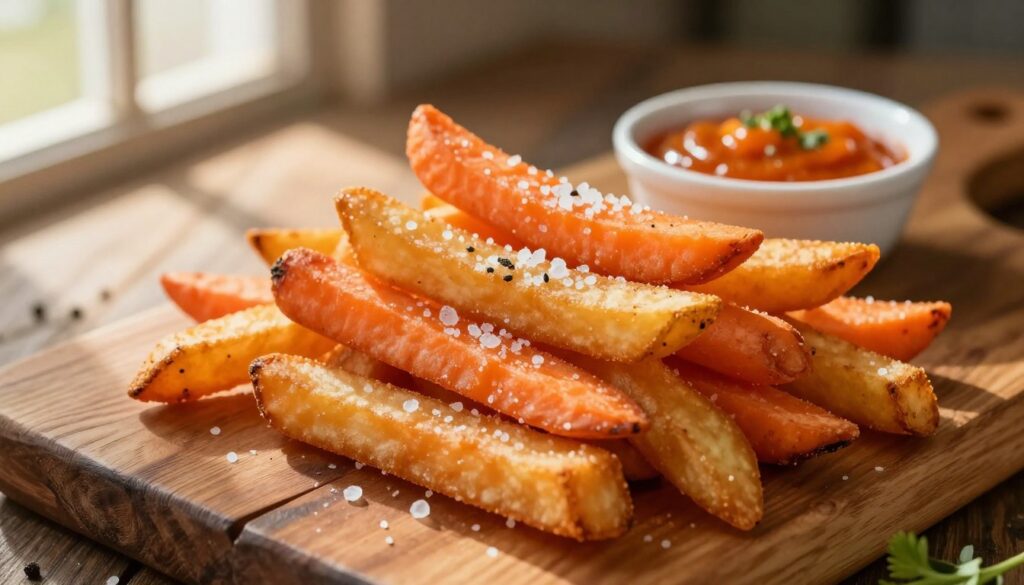 A vibrant arrangement of carrot fries on a rustic wooden table, styled for a gourmet photo shoot. The fries should be golden brown, crispy, and sprinkled with sea salt, showcasing their appealing texture. A small bowl of spicy dipping sauce is positioned nearby, adding a splash of color. In the background, blurred out, there are hints of fresh herbs and seasonings to create a culinary atmosphere. The lighting is warm and inviting, simulating late afternoon sunlight streaming in from a window, accentuating the colors and textures of the food. The camera angle is slightly above the scene, giving an appetizing view of the carrot fries and their accompanying elements, creating a cozy and delicious mood. A vibrant arrangement of carrot fries on a rustic wooden table, styled for a gourmet photo shoot. The fries should be golden brown, crispy, and sprinkled with sea salt, showcasing their appealing texture. A small bowl of spicy dipping sauce is positioned nearby, adding a splash of color. In the background, blurred out, there are hints of fresh herbs and seasonings to create a culinary atmosphere. The lighting is warm and inviting, simulating late afternoon sunlight streaming in from a window, accentuating the colors and textures of the food. The camera angle is slightly above the scene, giving an appetizing view of the carrot fries and their accompanying elements, creating a cozy and delicious mood.