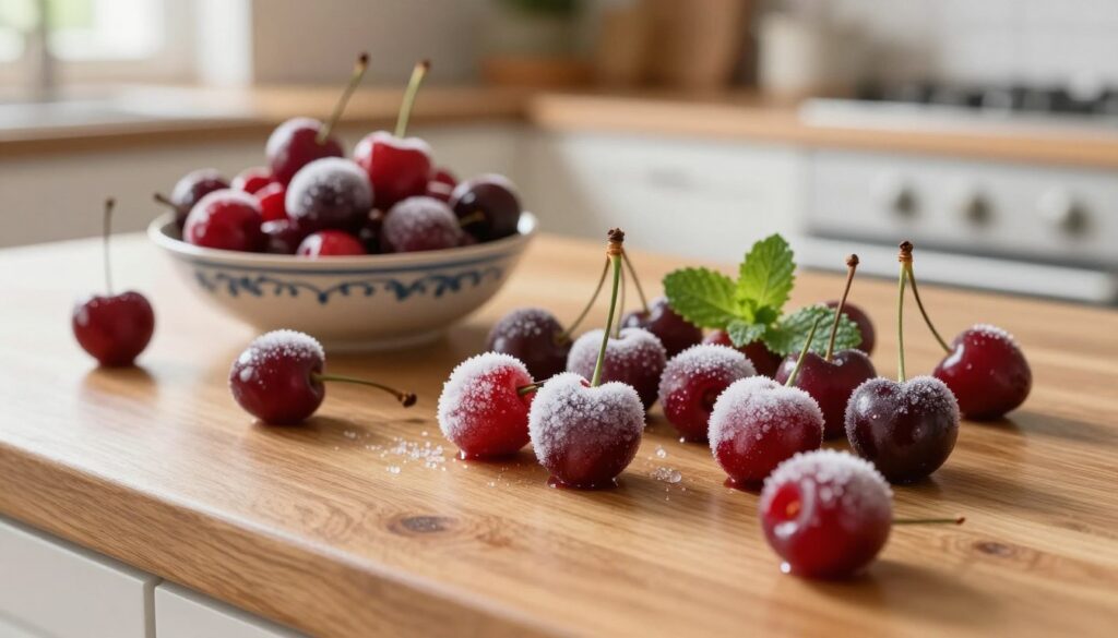 A vibrant arrangement of frozen cherries, artistically scattered on a polished wooden kitchen countertop, glistening with frost. In the foreground, focus on the cherries' rich red hue and glistening ice crystals, conveying freshness and natural beauty. In the middle ground, include a decorative bowl partially filled with fresh cherries and a few mint leaves to add contrast. The background features a cozy, softly-lit kitchen setting, with warm wooden cabinets and a hint of sunlight streaming through a nearby window, creating an inviting atmosphere. The overall mood is cheerful and refreshing, perfect for a culinary use of frozen fruits. The image should be shot from a slightly elevated angle to emphasize the details of the cherries and the textures of the kitchen. A vibrant arrangement of frozen cherries, artistically scattered on a polished wooden kitchen countertop, glistening with frost. In the foreground, focus on the cherries' rich red hue and glistening ice crystals, conveying freshness and natural beauty. In the middle ground, include a decorative bowl partially filled with fresh cherries and a few mint leaves to add contrast. The background features a cozy, softly-lit kitchen setting, with warm wooden cabinets and a hint of sunlight streaming through a nearby window, creating an inviting atmosphere. The overall mood is cheerful and refreshing, perfect for a culinary use of frozen fruits. The image should be shot from a slightly elevated angle to emphasize the details of the cherries and the textures of the kitchen.