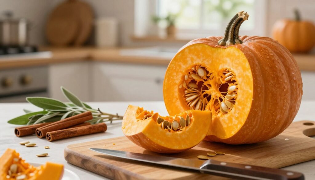 A vibrant kitchen scene depicting the preparation of a pumpkin for baking. In the foreground, there's a beautifully carved pumpkin being sliced open, revealing its bright orange flesh and seeds inside. A wooden cutting board and a sharp knife are present, with some pumpkin seeds scattered around. In the middle ground, an assortment of fresh spices and herbs, such as cinnamon sticks and sage, is arranged neatly, implying flavor enhancement. The background showcases a warm, inviting kitchen with soft natural light filtering through a window, casting a gentle glow over the scene. This atmosphere evokes a sense of cozy homeliness and culinary creativity, perfect for highlighting the process of unlocking the pumpkin's natural sweetness and creamy texture before baking. A vibrant kitchen scene depicting the preparation of a pumpkin for baking. In the foreground, there's a beautifully carved pumpkin being sliced open, revealing its bright orange flesh and seeds inside. A wooden cutting board and a sharp knife are present, with some pumpkin seeds scattered around. In the middle ground, an assortment of fresh spices and herbs, such as cinnamon sticks and sage, is arranged neatly, implying flavor enhancement. The background showcases a warm, inviting kitchen with soft natural light filtering through a window, casting a gentle glow over the scene. This atmosphere evokes a sense of cozy homeliness and culinary creativity, perfect for highlighting the process of unlocking the pumpkin's natural sweetness and creamy texture before baking.