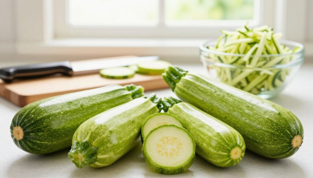 A vibrant kitchen scene featuring a selection of fresh zucchinis ideal for freezing. In the foreground, arrange several bright green zucchinis of varying sizes and shapes, showcasing their smooth skin and fresh appearance. The middle ground includes a cutting board with a knife, and a bowl filled with grated zucchini, emphasizing both raw and processed preparation. The background can feature a window with soft, natural light streaming in, illuminating the scene and creating a warm, inviting atmosphere. A subtle blur effect can be applied to the background to keep the focus on the zucchinis. The overall mood is fresh and homey, perfect for a culinary setting. The image should be bright, colorful, and appetizing.