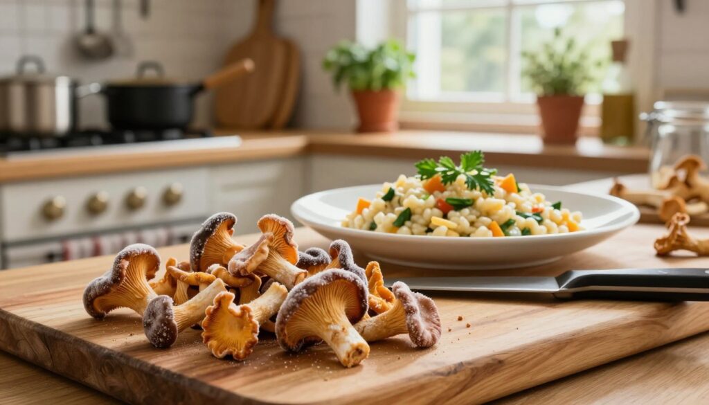 A vibrant kitchen scene showcasing the culinary use of frozen chanterelle mushrooms. In the foreground, a rustic wooden cutting board displays a heap of thawed, glistening chanterelles, with a chef's knife beside them. The middle of the image features a well-prepared dish, perhaps a creamy pasta or risotto, accentuated with fresh herbs and other seasonal vegetables, beautifully plated. The background reveals a cozy, warmly lit kitchen with pots hanging over a stove and herbs in pots on the windowsill. Soft, natural light filters through the window, creating a warm and inviting atmosphere. The overall mood is one of culinary creativity and comfort, emphasizing the delicious potential of frozen chanterelles in everyday cooking. A vibrant kitchen scene showcasing the culinary use of frozen chanterelle mushrooms. In the foreground, a rustic wooden cutting board displays a heap of thawed, glistening chanterelles, with a chef's knife beside them. The middle of the image features a well-prepared dish, perhaps a creamy pasta or risotto, accentuated with fresh herbs and other seasonal vegetables, beautifully plated. The background reveals a cozy, warmly lit kitchen with pots hanging over a stove and herbs in pots on the windowsill. Soft, natural light filters through the window, creating a warm and inviting atmosphere. The overall mood is one of culinary creativity and comfort, emphasizing the delicious potential of frozen chanterelles in everyday cooking.
