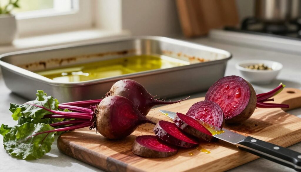 A vibrant kitchen scene showcasing the preparation of beets for roasting. In the foreground, a wooden cutting board is adorned with bright red, freshly washed beets, their greens slightly wilted beside them. A sharp knife glistens with a hint of cooking oil, ready to slice into the beets. In the middle ground, a large baking dish is prepared, with olive oil and seasoning in small bowls, suggesting the next steps in the recipe. The background features a warm, inviting kitchen atmosphere, with soft, natural light filtering through a window, casting gentle shadows. The overall mood is cozy and culinary, emphasizing the beauty and simplicity of preparing vegetables for baking. Focus on details, textures, and colors that highlight freshness and nourishment. A vibrant kitchen scene showcasing the preparation of beets for roasting. In the foreground, a wooden cutting board is adorned with bright red, freshly washed beets, their greens slightly wilted beside them. A sharp knife glistens with a hint of cooking oil, ready to slice into the beets. In the middle ground, a large baking dish is prepared, with olive oil and seasoning in small bowls, suggesting the next steps in the recipe. The background features a warm, inviting kitchen atmosphere, with soft, natural light filtering through a window, casting gentle shadows. The overall mood is cozy and culinary, emphasizing the beauty and simplicity of preparing vegetables for baking. Focus on details, textures, and colors that highlight freshness and nourishment.