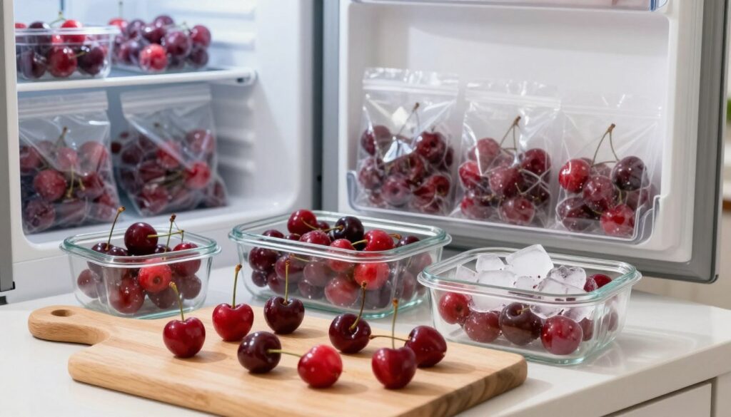 A vibrant kitchen scene showcasing various techniques for freezing cherries. In the foreground, a wooden cutting board features fresh cherries, some with pits and some without, arranged artfully. In the middle, glass containers of cherries are neatly lined up, displaying portions prepared for freezing, while a bowl of ice sits beside them to emphasize the freezing process. The background includes a freezer door slightly ajar, filled with more meticulously organized bags of frozen cherries. Soft natural light streams through a window, casting gentle shadows, creating an inviting atmosphere. The overall mood should feel fresh and informative, highlighting the practical aspects of preserving cherries without them sticking together. A vibrant kitchen scene showcasing various techniques for freezing cherries. In the foreground, a wooden cutting board features fresh cherries, some with pits and some without, arranged artfully. In the middle, glass containers of cherries are neatly lined up, displaying portions prepared for freezing, while a bowl of ice sits beside them to emphasize the freezing process. The background includes a freezer door slightly ajar, filled with more meticulously organized bags of frozen cherries. Soft natural light streams through a window, casting gentle shadows, creating an inviting atmosphere. The overall mood should feel fresh and informative, highlighting the practical aspects of preserving cherries without them sticking together.