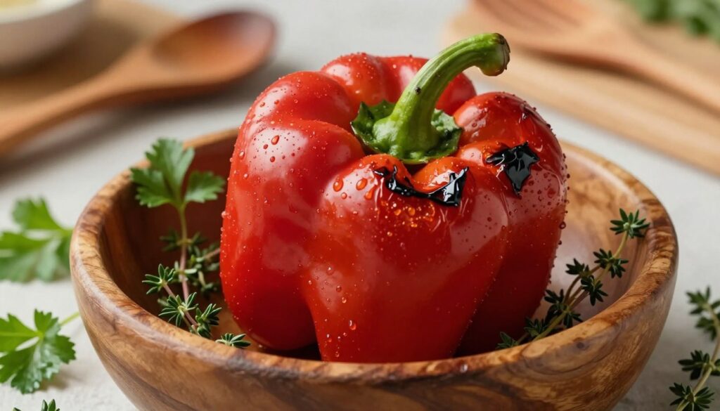 A vibrant red bell pepper, glistening with moisture, placed centrally in a rustic wooden bowl. The pepper is slightly charred on one side, showcasing the method of roasting, with its skin blistering beautifully to indicate sweetness. Surrounding the bowl are fresh herbs like parsley and thyme, adding a touch of green to the composition. Soft, warm lighting illuminates the scene, creating a cozy atmosphere that invites viewers to explore culinary creativity. The background features a blurred kitchen setting with wooden utensils and a cutting board, hinting at preparation methods. The image is captured at a slight angle, emphasizing the pepper’s texture and the appetizing allure of roasted vegetables, embodying the essence of alternative cooking techniques.