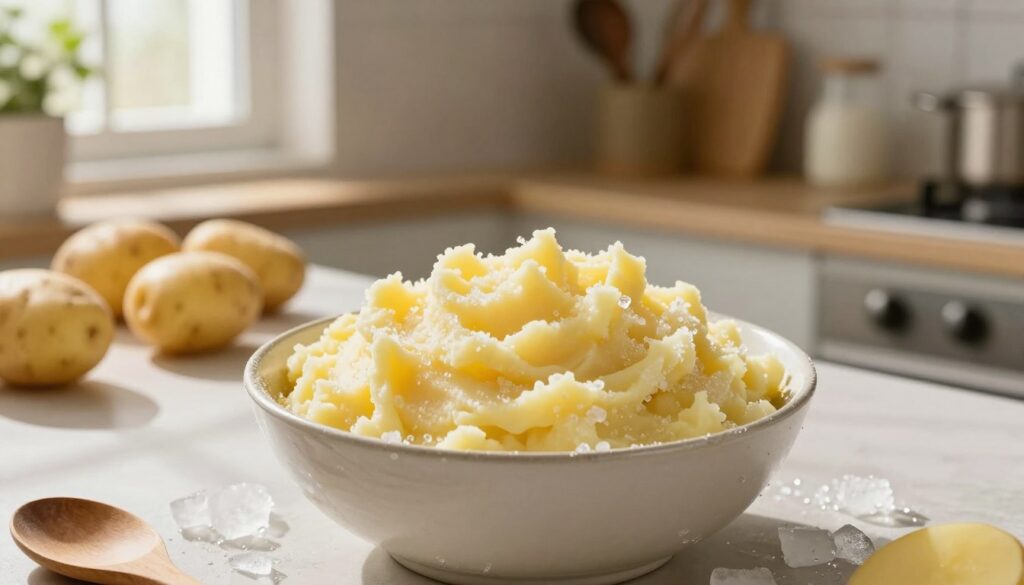 A visually appealing kitchen scene featuring a bowl of frozen potato puree, showcasing its smooth texture and vibrant color. In the foreground, the bowl is surrounded by ice crystals, emphasizing the freezing process. The middle ground displays a countertop with some scattered raw potatoes and a wooden spoon, adding context to the dish. The background includes shelves with kitchen utensils and a window letting in warm, soft natural light, casting gentle shadows across the scene. The atmosphere is cozy and inviting, suggesting a homely cooking environment. The composition captures the essence of freezing pre-prepared potato dishes, highlighting the intricate details of the puree and its surroundings. A visually appealing kitchen scene featuring a bowl of frozen potato puree, showcasing its smooth texture and vibrant color. In the foreground, the bowl is surrounded by ice crystals, emphasizing the freezing process. The middle ground displays a countertop with some scattered raw potatoes and a wooden spoon, adding context to the dish. The background includes shelves with kitchen utensils and a window letting in warm, soft natural light, casting gentle shadows across the scene. The atmosphere is cozy and inviting, suggesting a homely cooking environment. The composition captures the essence of freezing pre-prepared potato dishes, highlighting the intricate details of the puree and its surroundings.