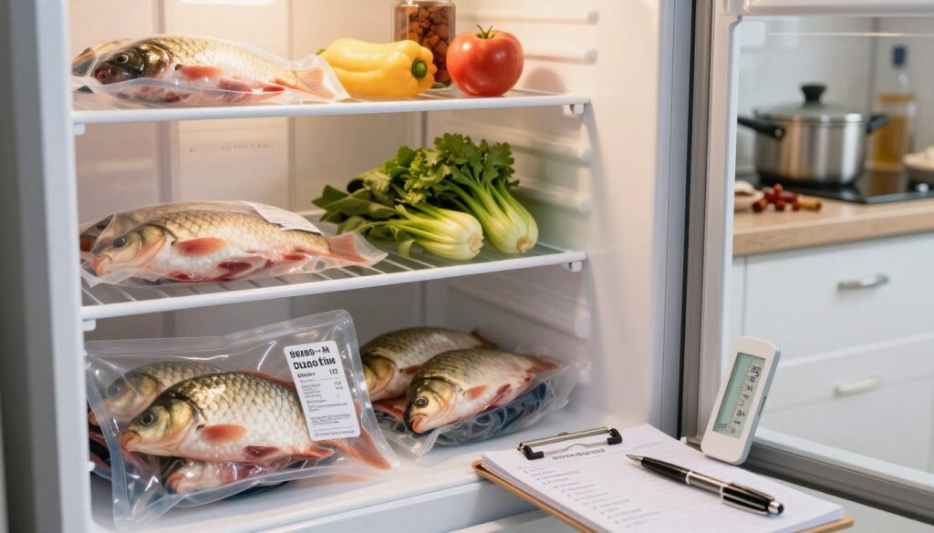 A visually appealing kitchen scene featuring a neatly organized freezer, with a clear view of several packages of carp, some labeled with optimal freezing times. In the foreground, a close-up of a thermometer indicating the ideal freezing temperature, alongside a note pad with storage guidelines and a pen. The middle background shows shelves filled with other frozen fish, vegetables, and cooking essentials, all illuminated by soft, warm lighting, creating a cozy and inviting atmosphere. In the background, a clean countertop with a pot and spices. The overall composition should convey a sense of care and practicality, emphasizing the importance of proper storage techniques for raw, cooked, and leftover carp. A visually appealing kitchen scene featuring a neatly organized freezer, with a clear view of several packages of carp, some labeled with optimal freezing times. In the foreground, a close-up of a thermometer indicating the ideal freezing temperature, alongside a note pad with storage guidelines and a pen. The middle background shows shelves filled with other frozen fish, vegetables, and cooking essentials, all illuminated by soft, warm lighting, creating a cozy and inviting atmosphere. In the background, a clean countertop with a pot and spices. The overall composition should convey a sense of care and practicality, emphasizing the importance of proper storage techniques for raw, cooked, and leftover carp.