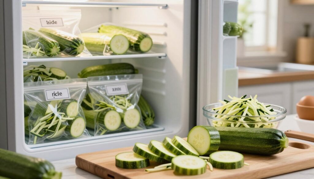 A visually appealing kitchen scene showcasing the process of freezing zucchini in various forms. In the foreground, a cutting board displays freshly cut raw zucchini slices and shredded zucchini, with a small bowl of blanched zucchini ready for freezing. The middle ground shows a freezer filled with labeled bags, each containing the prepared zucchini forms. In the background, sunlight streams through a window, illuminating the kitchen with a warm, inviting glow. The atmosphere is calm and organized, evoking a sense of practicality and care in food preparation. The image should have a soft focus on the background, emphasizing the vibrant green of the zucchini and the neatness of the kitchen arrangement.