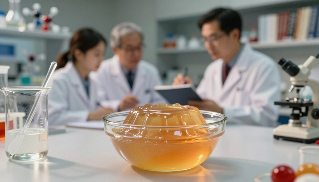 A visually engaging representation of the scientific principles of gelling, focusing on gelatin's role. In the foreground, display a glass bowl filled with shimmering jelly, its texture reflecting light to illustrate its gel-like consistency. Surrounding the bowl, include scientific tools like a glass beaker and a stirrer, emphasizing a laboratory setting. In the middle ground, softly blurred scientists in professional attire discussing the jelly, poring over notes to convey research activity. The background features shelves lined with molecular models and books on food science, bathed in warm, focused lighting to create an inviting and intellectual atmosphere. Use a slightly elevated angle to capture the arrangement, making the jelly the focal point while hinting at its scientific context. A visually engaging representation of the scientific principles of gelling, focusing on gelatin's role. In the foreground, display a glass bowl filled with shimmering jelly, its texture reflecting light to illustrate its gel-like consistency. Surrounding the bowl, include scientific tools like a glass beaker and a stirrer, emphasizing a laboratory setting. In the middle ground, softly blurred scientists in professional attire discussing the jelly, poring over notes to convey research activity. The background features shelves lined with molecular models and books on food science, bathed in warm, focused lighting to create an inviting and intellectual atmosphere. Use a slightly elevated angle to capture the arrangement, making the jelly the focal point while hinting at its scientific context.