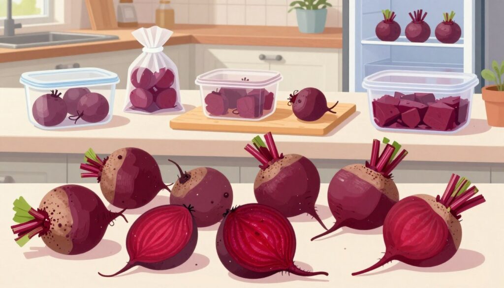 A visually informative illustration depicting the common mistakes when freezing beets. The foreground features a variety of improperly frozen beets, some showing freezer burn, while others are wilting. The middle layer showcases a kitchen countertop with open containers of beets, a cutting board, and different freezing methods like bagged and pre-cooked options. The background offers a glimpse of a well-organized kitchen with a freezer clearly visible. Soft, natural lighting creates a warm and inviting atmosphere, highlighting the beets' vibrant colors. The camera angle is a slightly elevated view, allowing for a clear understanding of the mistakes being illustrated. The mood is educational and approachable, aimed at home cooks seeking to improve their freezing techniques. A visually informative illustration depicting the common mistakes when freezing beets. The foreground features a variety of improperly frozen beets, some showing freezer burn, while others are wilting. The middle layer showcases a kitchen countertop with open containers of beets, a cutting board, and different freezing methods like bagged and pre-cooked options. The background offers a glimpse of a well-organized kitchen with a freezer clearly visible. Soft, natural lighting creates a warm and inviting atmosphere, highlighting the beets' vibrant colors. The camera angle is a slightly elevated view, allowing for a clear understanding of the mistakes being illustrated. The mood is educational and approachable, aimed at home cooks seeking to improve their freezing techniques.
