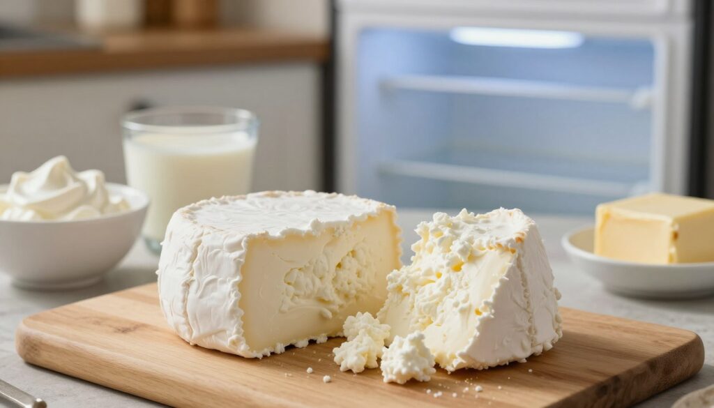 A visually informative image depicting the effects of fat content on frozen cottage cheese. In the foreground, a block of cottage cheese sits on a light wooden cutting board, divided to showcase its creamy texture. On one side, a portion is rich and creamy, while on the other, it appears dry and crumbly. Surrounding the cheese are small bowls filled with different dairy fats: cream, milk, and butter. In the middle ground, a kitchen scene with a rustic backdrop features an open freezer slightly ajar, emitting a soft blue light. Use natural lighting to create a warm, inviting atmosphere. The camera angle should be slightly above eye level to capture the details effectively, with a shallow depth of field to draw attention to the textures of the cheese and fats. A visually informative image depicting the effects of fat content on frozen cottage cheese. In the foreground, a block of cottage cheese sits on a light wooden cutting board, divided to showcase its creamy texture. On one side, a portion is rich and creamy, while on the other, it appears dry and crumbly. Surrounding the cheese are small bowls filled with different dairy fats: cream, milk, and butter. In the middle ground, a kitchen scene with a rustic backdrop features an open freezer slightly ajar, emitting a soft blue light. Use natural lighting to create a warm, inviting atmosphere. The camera angle should be slightly above eye level to capture the details effectively, with a shallow depth of field to draw attention to the textures of the cheese and fats.