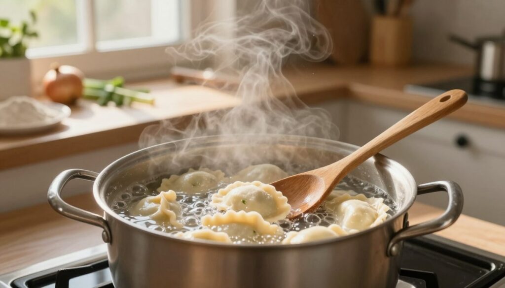 A warm kitchen scene showcasing the process of boiling frozen pierogi without thawing. In the foreground, a pot filled with gently bubbling water sits on a stove, with several frozen pierogi, some still partially submerged, creating a sense of motion. In the middle, a wooden spoon rests beside the pot, suggesting preparation and care. The background features various kitchen elements - a window allowing natural light to stream in, casting soft shadows across the counters filled with ingredients like flour, onions, and herbs. The atmosphere is cozy and inviting, with a slight sheen of steam rising from the pot, enhancing the homey feel. The lighting is warm, mimicking the late afternoon sun, creating a peaceful and relatable culinary moment. A warm kitchen scene showcasing the process of boiling frozen pierogi without thawing. In the foreground, a pot filled with gently bubbling water sits on a stove, with several frozen pierogi, some still partially submerged, creating a sense of motion. In the middle, a wooden spoon rests beside the pot, suggesting preparation and care. The background features various kitchen elements - a window allowing natural light to stream in, casting soft shadows across the counters filled with ingredients like flour, onions, and herbs. The atmosphere is cozy and inviting, with a slight sheen of steam rising from the pot, enhancing the homey feel. The lighting is warm, mimicking the late afternoon sun, creating a peaceful and relatable culinary moment.