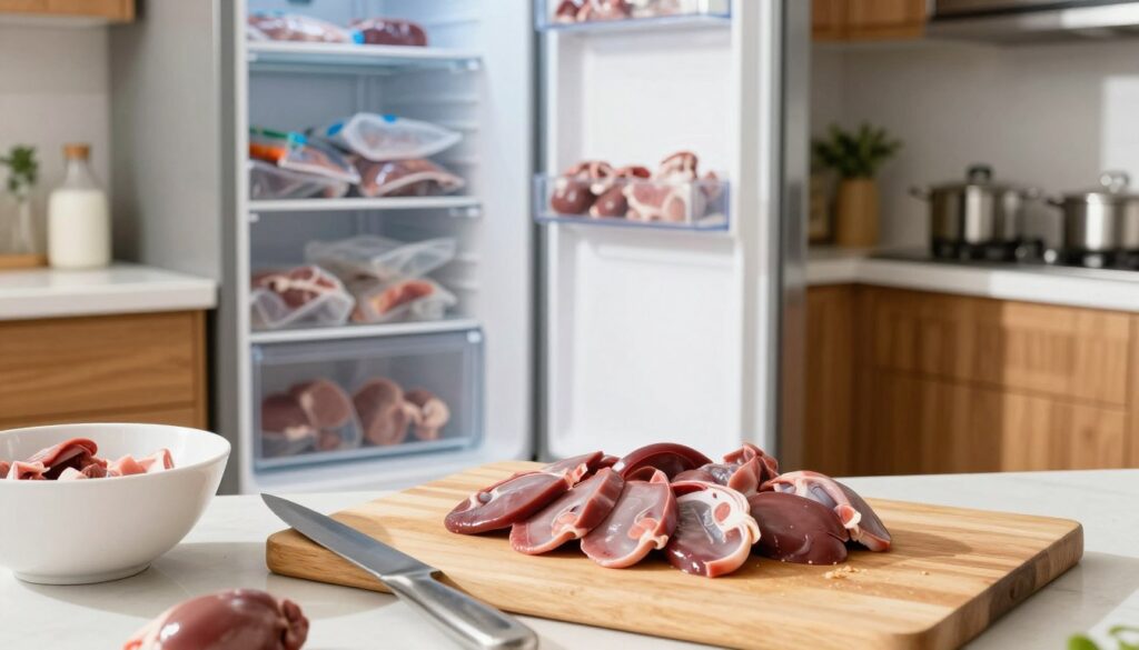 A well-lit kitchen scene focusing on the preparation of pork lungs for freezing. In the foreground, a clean wooden cutting board displays neatly sliced pork lungs, their texture visible and fresh. Beside it, a sharp stainless steel knife and a bowl for waste. In the middle ground, a refrigerator with an open door, revealing organized freezer compartments filled with labeled plastic bags ready for storage. The background features warm wooden cabinets and stainless-steel appliances, creating a practical yet inviting atmosphere. The lighting is bright, mimicking natural light from a nearby window, casting soft shadows that add depth. The scene conveys a sense of cleanliness, organization, and care in food preparation, with an overall mood of professionalism and responsibility in culinary practices. A well-lit kitchen scene focusing on the preparation of pork lungs for freezing. In the foreground, a clean wooden cutting board displays neatly sliced pork lungs, their texture visible and fresh. Beside it, a sharp stainless steel knife and a bowl for waste. In the middle ground, a refrigerator with an open door, revealing organized freezer compartments filled with labeled plastic bags ready for storage. The background features warm wooden cabinets and stainless-steel appliances, creating a practical yet inviting atmosphere. The lighting is bright, mimicking natural light from a nearby window, casting soft shadows that add depth. The scene conveys a sense of cleanliness, organization, and care in food preparation, with an overall mood of professionalism and responsibility in culinary practices.