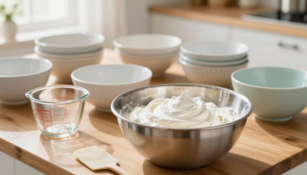 A well-lit kitchen scene showcasing an assortment of mixing bowls and utensils ideal for working with egg whites. The foreground features a large, glossy stainless steel mixing bowl filled with fluffy, whipped egg whites, reflecting light beautifully. Beside it, a glass measuring cup and a rubber spatula rest on a wooden countertop. In the middle ground, various types of bowls, including glass and ceramic, are neatly arranged, emphasizing their different designs and textures. The background is softly blurred, revealing a sunlit window with gentle curtains, creating a warm and inviting atmosphere. The image embodies a sense of professionalism and culinary precision, focusing on the selection of the right utensils for achieving perfect meringue results. A well-lit kitchen scene showcasing an assortment of mixing bowls and utensils ideal for working with egg whites. The foreground features a large, glossy stainless steel mixing bowl filled with fluffy, whipped egg whites, reflecting light beautifully. Beside it, a glass measuring cup and a rubber spatula rest on a wooden countertop. In the middle ground, various types of bowls, including glass and ceramic, are neatly arranged, emphasizing their different designs and textures. The background is softly blurred, revealing a sunlit window with gentle curtains, creating a warm and inviting atmosphere. The image embodies a sense of professionalism and culinary precision, focusing on the selection of the right utensils for achieving perfect meringue results.