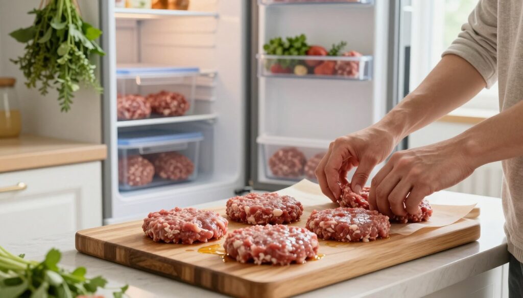 A well-lit kitchen scene showcasing the preparation of raw meat patties for freezing. In the foreground, a clean wooden cutting board displays freshly shaped, uncooked patties, glistening with a light coat of oil. Beside the board, a pair of hands in modest casual attire, focused and methodical, are arranging the patties on a tray lined with parchment paper. In the middle ground, a well-organized fridge, partially open, reveals various containers for storing the patties. The background features bright kitchen cabinets and fresh herbs hanging, adding a rustic charm. Soft, natural light from a window creates a warm, inviting atmosphere, enhancing the sense of homely cooking. The image should evoke feelings of preparation and efficiency, emphasizing the importance of proper food storage. A well-lit kitchen scene showcasing the preparation of raw meat patties for freezing. In the foreground, a clean wooden cutting board displays freshly shaped, uncooked patties, glistening with a light coat of oil. Beside the board, a pair of hands in modest casual attire, focused and methodical, are arranging the patties on a tray lined with parchment paper. In the middle ground, a well-organized fridge, partially open, reveals various containers for storing the patties. The background features bright kitchen cabinets and fresh herbs hanging, adding a rustic charm. Soft, natural light from a window creates a warm, inviting atmosphere, enhancing the sense of homely cooking. The image should evoke feelings of preparation and efficiency, emphasizing the importance of proper food storage.