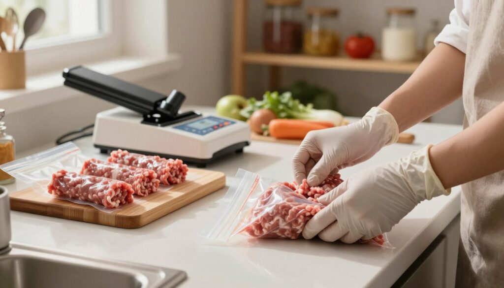 A well-organized kitchen countertop featuring a hands-on process of packing raw minced meat cutlets into vacuum-seal bags. In the foreground, the focus is on a pair of hands wearing modest kitchen gloves, carefully placing the cutlets in a clear plastic bag. The middle layer shows a cutting board with neatly rolled cutlets and a vacuum sealing machine ready for use. In the background, softly illuminated shelves filled with cooking ingredients and utensils create a warm, inviting atmosphere, enhancing the feel of a professional kitchen. The lighting is soft and natural, casting gentle shadows and emphasizing the textures of the meat and packaging materials. This scene conveys a sense of culinary preparation and the importance of proper packaging techniques to avoid freezer burn. A well-organized kitchen countertop featuring a hands-on process of packing raw minced meat cutlets into vacuum-seal bags. In the foreground, the focus is on a pair of hands wearing modest kitchen gloves, carefully placing the cutlets in a clear plastic bag. The middle layer shows a cutting board with neatly rolled cutlets and a vacuum sealing machine ready for use. In the background, softly illuminated shelves filled with cooking ingredients and utensils create a warm, inviting atmosphere, enhancing the feel of a professional kitchen. The lighting is soft and natural, casting gentle shadows and emphasizing the textures of the meat and packaging materials. This scene conveys a sense of culinary preparation and the importance of proper packaging techniques to avoid freezer burn.