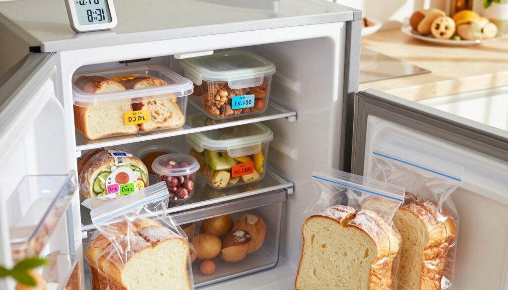 A well-organized kitchen scene featuring a modern freezer with neatly arranged packages of sliced bread, colorful labels showing the date, and a thermometer indicating the ideal freezing temperature. In the foreground, focus on clear, zippered freezer bags containing fresh bread, slightly frosted to suggest coldness. In the middle, the freezer door is partially open, revealing organized containers of various frozen foods beside the bread. The background shows a bright, sunlit kitchen with soft shadows cast by window light, creating a warm, inviting atmosphere. The angle is slightly elevated, capturing the depth of the freezer and the freshness of the stored items while ensuring that the composition emphasizes optimal storage conditions. A well-organized kitchen scene featuring a modern freezer with neatly arranged packages of sliced bread, colorful labels showing the date, and a thermometer indicating the ideal freezing temperature. In the foreground, focus on clear, zippered freezer bags containing fresh bread, slightly frosted to suggest coldness. In the middle, the freezer door is partially open, revealing organized containers of various frozen foods beside the bread. The background shows a bright, sunlit kitchen with soft shadows cast by window light, creating a warm, inviting atmosphere. The angle is slightly elevated, capturing the depth of the freezer and the freshness of the stored items while ensuring that the composition emphasizes optimal storage conditions.