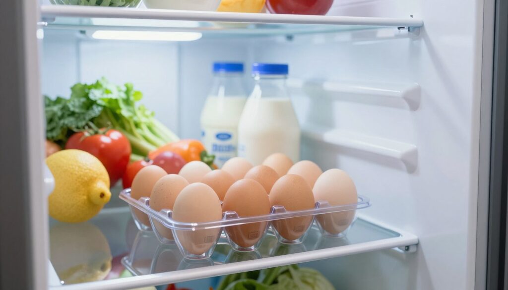 A well-organized refrigerator interior showcasing optimal egg storage. In the foreground, a clear egg carton filled with a dozen eggs sits on a designated shelf, with visible labels indicating proper temperature settings. The middle ground features neatly arranged fresh produce and dairy items, emphasizing the organized storage environment. In the background, the fridge walls are clean and bright, with soft, cool LED lighting illuminating the scene, casting gentle shadows that create depth. The angle is slightly above eye level, capturing the overall layout and functionality of the fridge. The mood is fresh and inviting, illustrating the importance of maintaining ideal conditions to preserve egg freshness. A well-organized refrigerator interior showcasing optimal egg storage. In the foreground, a clear egg carton filled with a dozen eggs sits on a designated shelf, with visible labels indicating proper temperature settings. The middle ground features neatly arranged fresh produce and dairy items, emphasizing the organized storage environment. In the background, the fridge walls are clean and bright, with soft, cool LED lighting illuminating the scene, casting gentle shadows that create depth. The angle is slightly above eye level, capturing the overall layout and functionality of the fridge. The mood is fresh and inviting, illustrating the importance of maintaining ideal conditions to preserve egg freshness.