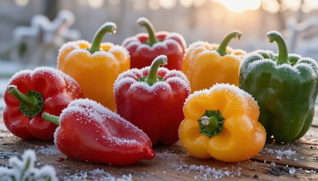 An extensive, close-up view of various paprika peppers, showcasing their vibrant colors—red, yellow, and green—juxtaposed against frost and ice crystals, illustrating the effects of low temperatures. In the foreground, a few unblemished, fresh peppers rest on a textured wooden surface, glistening as tiny droplets of condensation form around patches of frost. In the middle, different varieties of paprika are partially frozen, with delicate frost patterns highlighting their curves. The background features a softly blurred, wintry landscape with hints of blurred frost-kissed flora, creating an atmosphere of cold and preservation. Golden, diffused natural lighting filters through, casting gentle shadows and emphasizing the chill of the environment, underscoring the impact of freezing temperatures on the peppers. An extensive, close-up view of various paprika peppers, showcasing their vibrant colors—red, yellow, and green—juxtaposed against frost and ice crystals, illustrating the effects of low temperatures. In the foreground, a few unblemished, fresh peppers rest on a textured wooden surface, glistening as tiny droplets of condensation form around patches of frost. In the middle, different varieties of paprika are partially frozen, with delicate frost patterns highlighting their curves. The background features a softly blurred, wintry landscape with hints of blurred frost-kissed flora, creating an atmosphere of cold and preservation. Golden, diffused natural lighting filters through, casting gentle shadows and emphasizing the chill of the environment, underscoring the impact of freezing temperatures on the peppers.