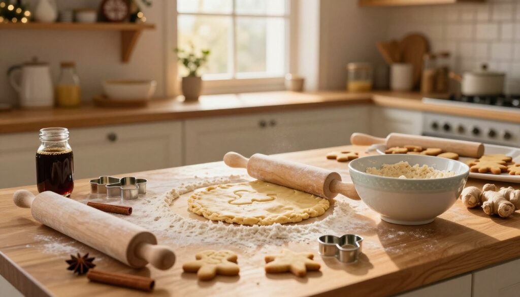 An inviting kitchen scene showcasing the process of making traditional gingerbread cookies (pierniczki). In the foreground, a wooden countertop covered with flour, rolling pins, and cookie cutters in various shapes like hearts and stars. A beautiful bowl mixing the dough is placed prominently, surrounded by spices like cinnamon and ginger, along with a small jar of molasses. In the middle ground, warm golden light streams through a window, illuminating the dough being rolled out, with a hint of freshly baked cookies visible nearby. The background features rustic kitchen shelves filled with festive decorations and baking supplies, conveying a cozy, cheerful atmosphere. The overall mood is warm and inviting, perfect for a family baking experience. An inviting kitchen scene showcasing the process of making traditional gingerbread cookies (pierniczki). In the foreground, a wooden countertop covered with flour, rolling pins, and cookie cutters in various shapes like hearts and stars. A beautiful bowl mixing the dough is placed prominently, surrounded by spices like cinnamon and ginger, along with a small jar of molasses. In the middle ground, warm golden light streams through a window, illuminating the dough being rolled out, with a hint of freshly baked cookies visible nearby. The background features rustic kitchen shelves filled with festive decorations and baking supplies, conveying a cozy, cheerful atmosphere. The overall mood is warm and inviting, perfect for a family baking experience.