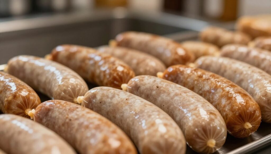 Close-up image of sausage casings displayed prominently in the foreground, showcasing their natural textures and colors, which range from translucent to light brown. The middle ground features a beautifully arranged assortment of sausages, carefully placed to highlight the effect of the casings on their shape. In the background, a warm kitchen setting with soft, diffused lighting that creates an inviting atmosphere, hinting at the cooking process without being distracting. The lens should emulate a shallow depth of field, focusing on the casings and sausages while softly blurring the background. Overall mood is warm and appetizing, emphasizing the importance of casings in the thermal processing of sausages. Close-up image of sausage casings displayed prominently in the foreground, showcasing their natural textures and colors, which range from translucent to light brown. The middle ground features a beautifully arranged assortment of sausages, carefully placed to highlight the effect of the casings on their shape. In the background, a warm kitchen setting with soft, diffused lighting that creates an inviting atmosphere, hinting at the cooking process without being distracting. The lens should emulate a shallow depth of field, focusing on the casings and sausages while softly blurring the background. Overall mood is warm and appetizing, emphasizing the importance of casings in the thermal processing of sausages.