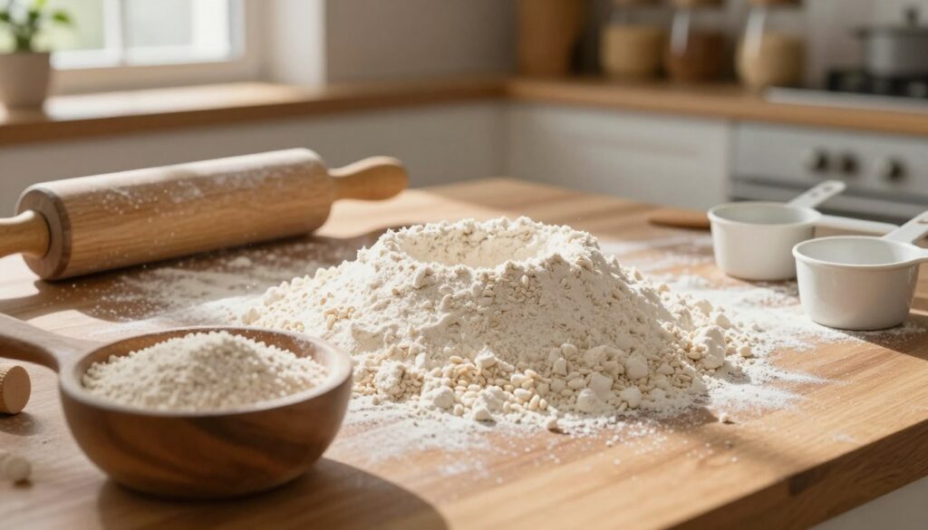 Close-up view of finely textured rice flour in a rustic wooden bowl, surrounded by traditional baking tools like a rolling pin and measuring cups. Sunlight streams in from a nearby window, casting soft, warm shadows that highlight the flour’s delicate granules. In the middle, a few heaps of rice flour are artistically arranged, with some falling onto a clean wooden surface, suggesting the act of baking. In the background, blurred elements of an inviting kitchen, such as a neatly organized shelf of gluten-free grains and herbs, evoke a sense of warmth and creativity in gluten-free baking. The overall mood is cozy and inspiring, inviting the viewer to explore the possibilities of gluten-free bread making.