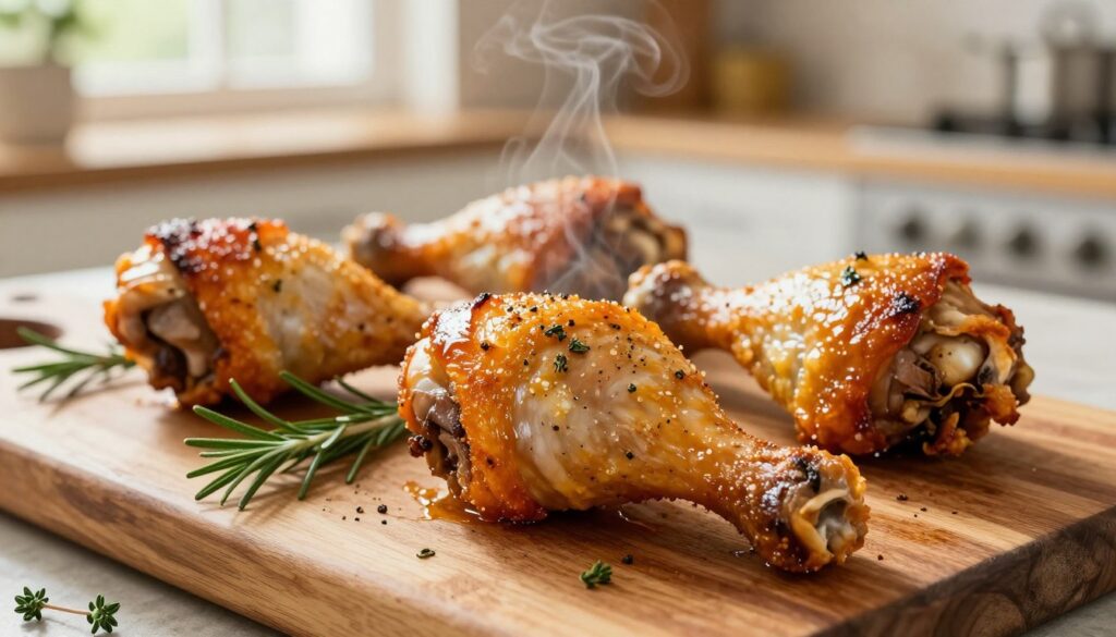 Golden-brown, perfectly roasted chicken drumsticks glistening with a savory, crispy skin, arranged appetizingly on a rustic wooden cutting board. The foreground captures the texture and juiciness of the meat, highlighting the herbs and spices that season the chicken. In the middle, a few sprigs of fresh rosemary and thyme lie scattered around, enhancing the dish’s vibrant colors. The background features a warm, inviting kitchen with soft, diffused natural lighting coming from a nearby window, creating a cozy atmosphere. The image is shot from a slightly elevated angle, showcasing the glistening surface of the drumsticks, inviting viewers to imagine the mouthwatering aroma. A faint steam rises, suggesting freshness and warmth, enhancing the overall appetizing appeal.