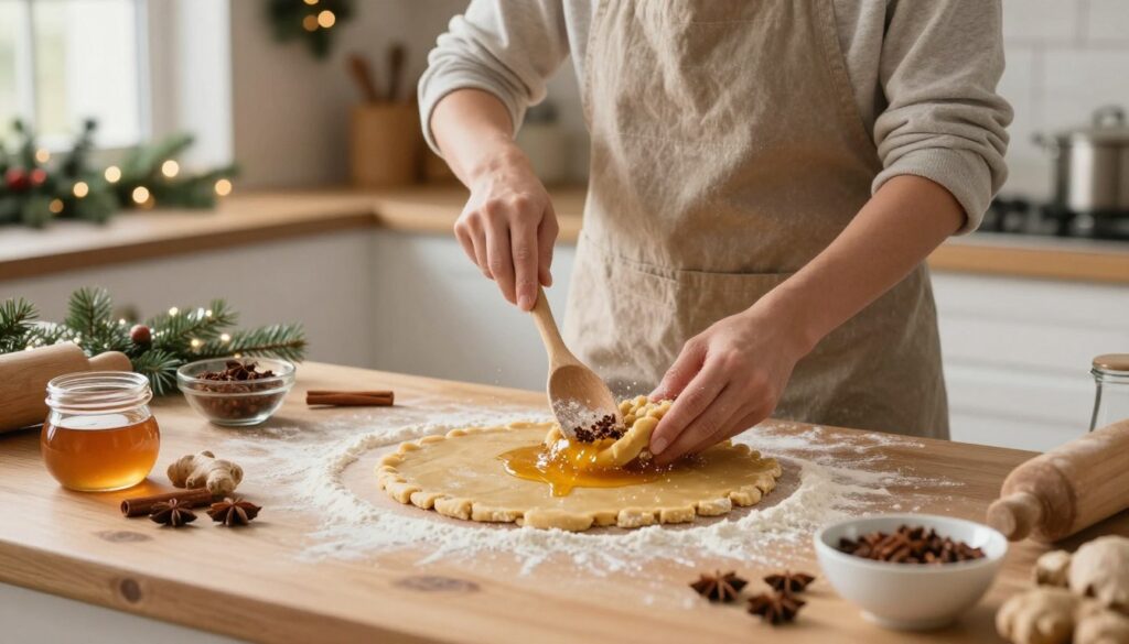 In a warm, inviting kitchen, a baker in modest casual clothing is intently combining ingredients for gingerbread dough. The foreground features a wooden countertop scattered with flour, bowls of honey, molasses, and an assortment of spices like ginger and cinnamon. In the middle, the baker gently mixes the ingredients with a wooden spoon, capturing the action of merging flavors. The background reveals a festive atmosphere with holiday decorations, including pine branches and twinkling lights. Soft, natural light streams in through a window, highlighting the textures of the dough and the warm colors of the kitchen. The mood is cozy and cheerful, perfect for the holiday spirit, evoking the essence of traditional gingerbread making. In a warm, inviting kitchen, a baker in modest casual clothing is intently combining ingredients for gingerbread dough. The foreground features a wooden countertop scattered with flour, bowls of honey, molasses, and an assortment of spices like ginger and cinnamon. In the middle, the baker gently mixes the ingredients with a wooden spoon, capturing the action of merging flavors. The background reveals a festive atmosphere with holiday decorations, including pine branches and twinkling lights. Soft, natural light streams in through a window, highlighting the textures of the dough and the warm colors of the kitchen. The mood is cozy and cheerful, perfect for the holiday spirit, evoking the essence of traditional gingerbread making.
