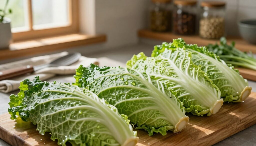 Lush green leaves of cabbage dominate the foreground, showcasing their textured, crinkly surfaces glistening with moisture, hinting at freshness. In the middle ground, a soft cloth and a set of cooking utensils are arranged, suggesting preparation for rolling stuffed cabbage. Gentle, diffused sunlight filters through a nearby window, casting warm, inviting shadows that create a cozy kitchen atmosphere. The background features rustic wooden shelves adorned with jars of spices and fresh herbs, enhancing the homely ambiance. The overall mood is vibrant and welcoming, evoking a sense of culinary creativity as the cabbage leaves await to be transformed into delicious stuffed rolls. A shallow depth of field focuses on the cabbage leaves, drawing the viewer's eyes directly to the intricate details of their texture and color. Lush green leaves of cabbage dominate the foreground, showcasing their textured, crinkly surfaces glistening with moisture, hinting at freshness. In the middle ground, a soft cloth and a set of cooking utensils are arranged, suggesting preparation for rolling stuffed cabbage. Gentle, diffused sunlight filters through a nearby window, casting warm, inviting shadows that create a cozy kitchen atmosphere. The background features rustic wooden shelves adorned with jars of spices and fresh herbs, enhancing the homely ambiance. The overall mood is vibrant and welcoming, evoking a sense of culinary creativity as the cabbage leaves await to be transformed into delicious stuffed rolls. A shallow depth of field focuses on the cabbage leaves, drawing the viewer's eyes directly to the intricate details of their texture and color.