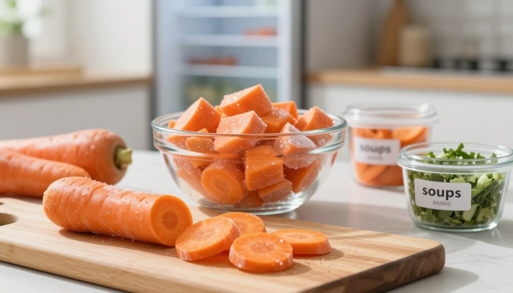 Vividly illustrate various methods of freezing raw carrots for culinary purposes. In the foreground, showcase a wooden cutting board with neatly sliced, vibrant orange carrot pieces, some arranged in a visually appealing way to highlight freshness. In the middle, depict a stylish glass bowl filled with frozen carrot chunks, glistening with frost, alongside small containers labeled for different uses, like soups and salads. In the background, softly blurred, include a modern freezer or a kitchen setting with natural light streaming in, creating a warm and inviting atmosphere. Use a shallow depth of field to focus on the carrots while providing context. The scene should evoke a sense of freshness, practicality, and home cooking, with a serene and orderly mood. Vividly illustrate various methods of freezing raw carrots for culinary purposes. In the foreground, showcase a wooden cutting board with neatly sliced, vibrant orange carrot pieces, some arranged in a visually appealing way to highlight freshness. In the middle, depict a stylish glass bowl filled with frozen carrot chunks, glistening with frost, alongside small containers labeled for different uses, like soups and salads. In the background, softly blurred, include a modern freezer or a kitchen setting with natural light streaming in, creating a warm and inviting atmosphere. Use a shallow depth of field to focus on the carrots while providing context. The scene should evoke a sense of freshness, practicality, and home cooking, with a serene and orderly mood.